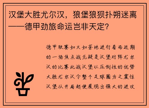 汉堡大胜尤尔汉，狼堡狼狈扑朔迷离——德甲劲旅命运岂非天定？
